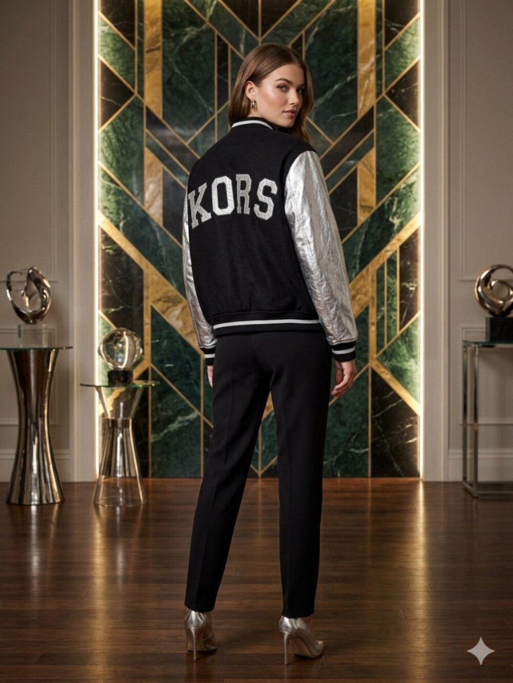Michael Kors MK Logo Varsity Bomber Jacket Black & Silver Metallic Sleeves